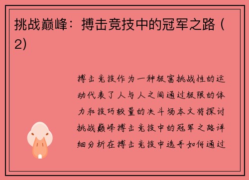 挑战巅峰：搏击竞技中的冠军之路 (2)